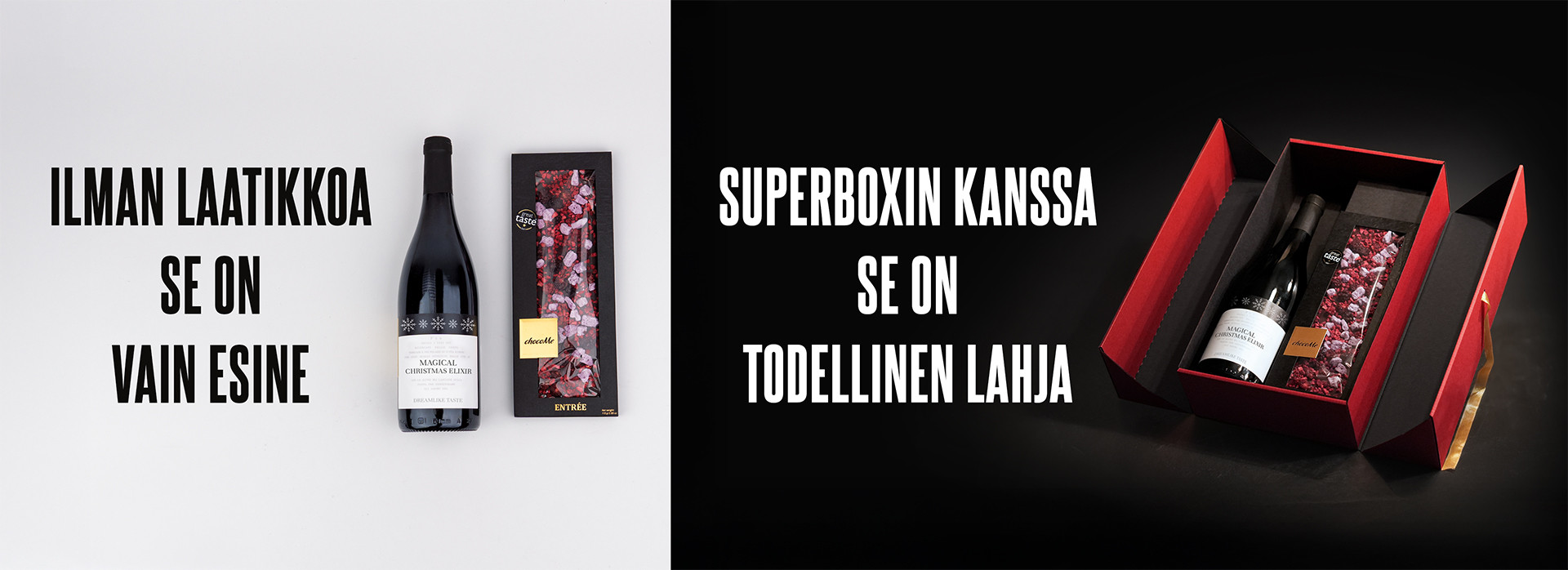 Jaettu kuva: toisella puolella pullo ja suklaa "ilman laatikkoa", toisella puolella lahjapakkaus "SUPERBOXilla"
